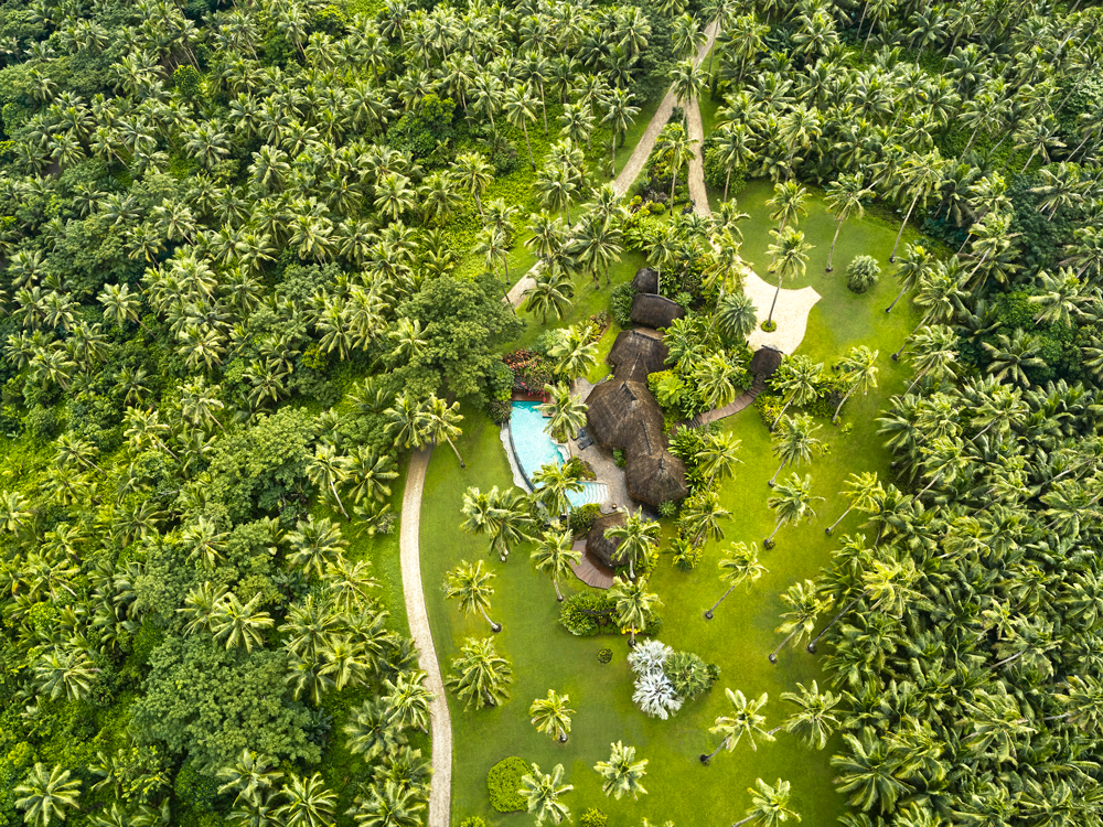 Overhead view of bungalows at Fiji's COMO Laucala Island resort, surrounded by lush tropical vegetation