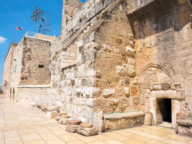 Stone exterior of the Church of the Nativity in Israel