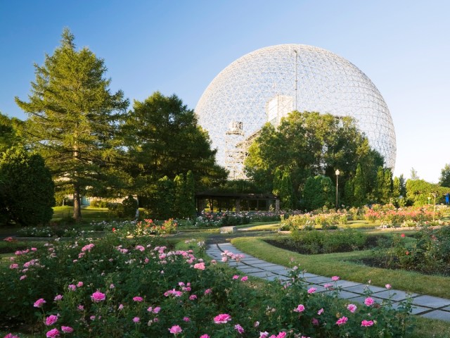 Pathway through garden leading to the Montreal Biosphere in Montreal, Canada