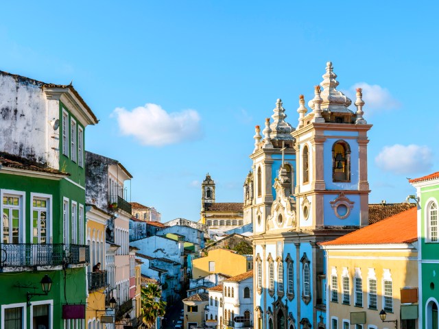 Church and colorful homes in Pelourinho, Brazil