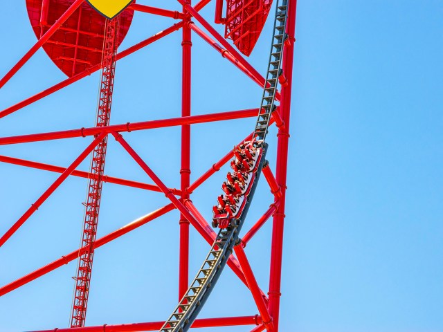 Close-up view of train ascending track on Red Force coaster in Tarragona, Spain
