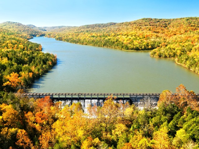 Aerial view of fall foliage and river in Eureka Springs, Arkansas