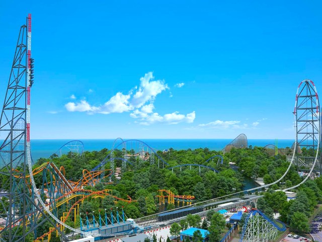 Aerial view of Top Thrill ride and surrounding attractions at Cedar Point amusement park in Ohio