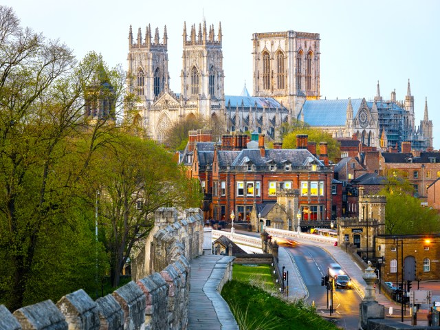 Cityscape of York, England, with view of church and medieval walls