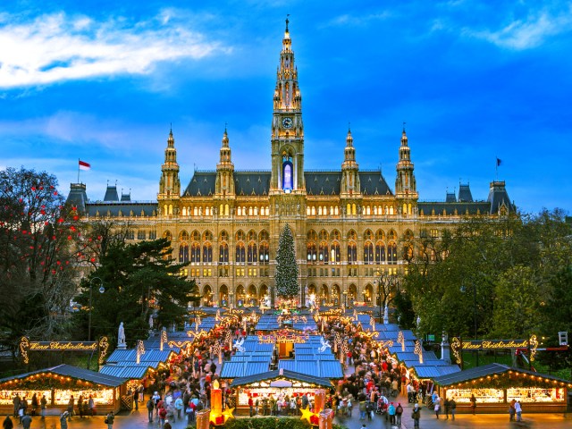 Stalls for Vienna Christmas Market in front of Vienna City Hall