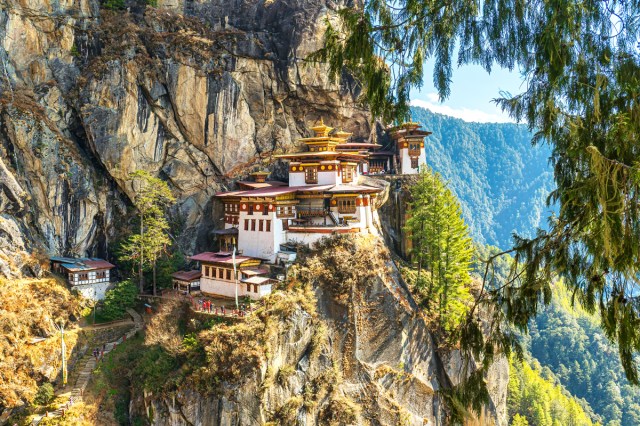 Paro Taktsang monastery hugging cliffside in Bhutan