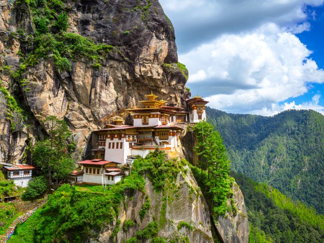 Tiger's Nest Monastery hugging mountainside in Bhutan