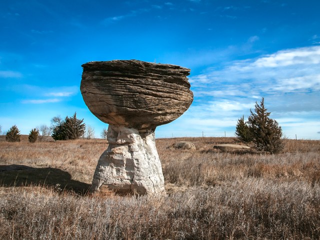 Mushroom-shaped rock formation in Mushroom Rock State Park, Kansas