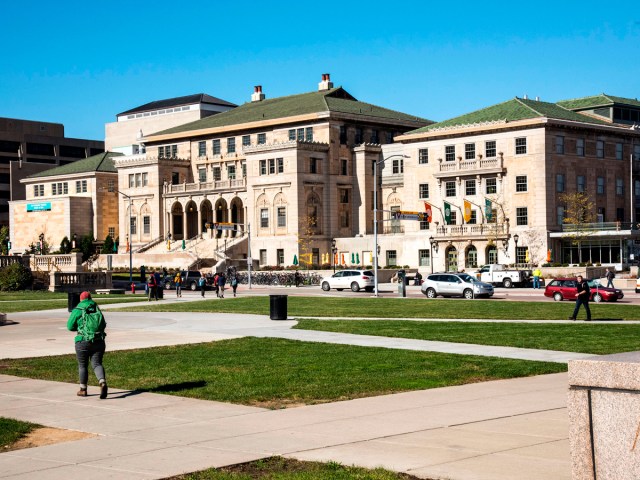 Students walking on campus of University of Wisconsin, Madison