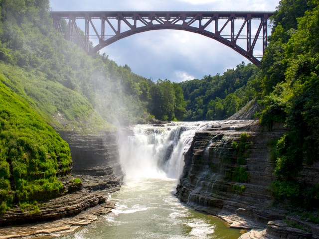 Bridge spanning waterfall in Letchworth State Park, New York