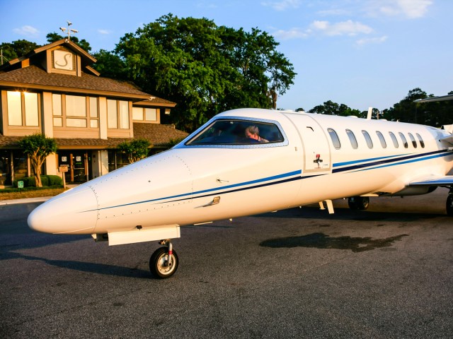 Private plane parked on tarmac at Hilton Head Island Airport in South Carolina