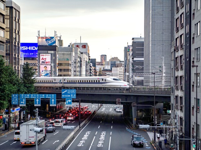 Bullet train on elevated track in Tokyo, Japan