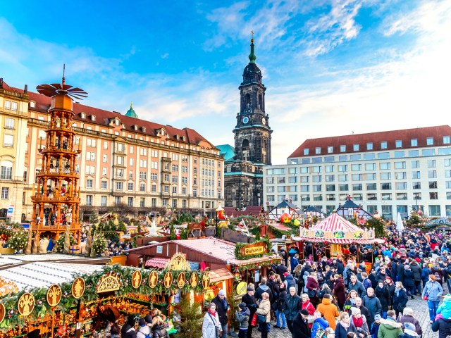 Crowded Striezelmarkt holiday market in Dresden, Germany