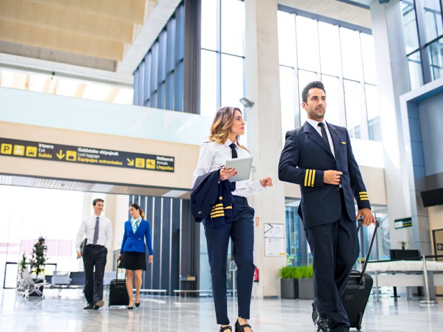 Pilots walking through airport