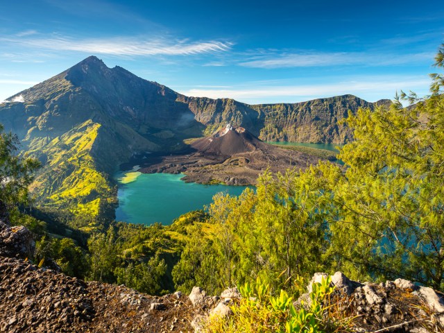 View from lookout of Rinjani volcano crater in Indonesia