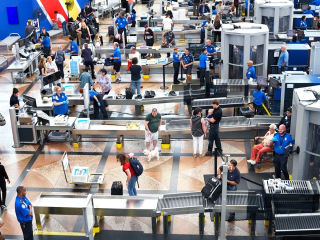 Aerial view of busy airport security screening area