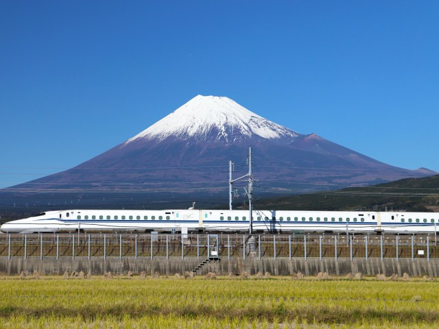 Bullet train in front of Mount Fuji in Japan