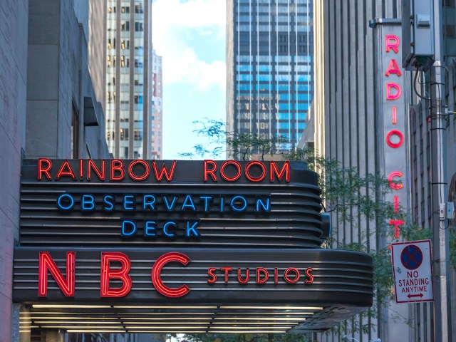 Iconic NBC Studios sign outside of 30 Rockefeller Plaza, New York City