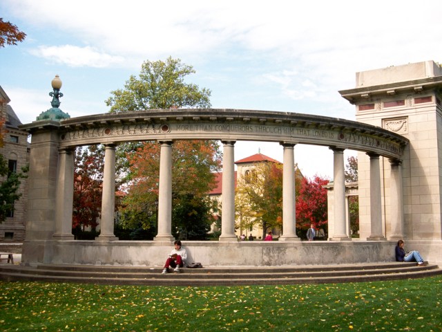 Students sitting in front of buildings at Oberlin University