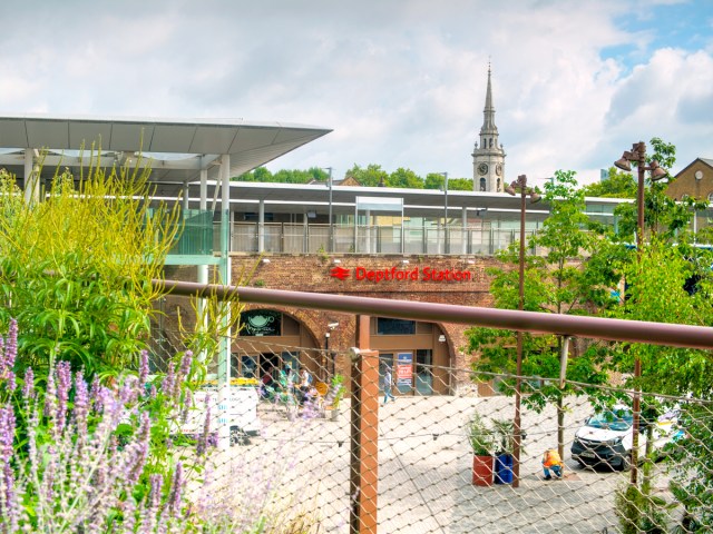 Deptford Station in London, England, seen in the distance