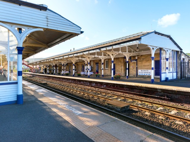 Empty tracks and platforms at Hexham Railway Station in Hexham, England