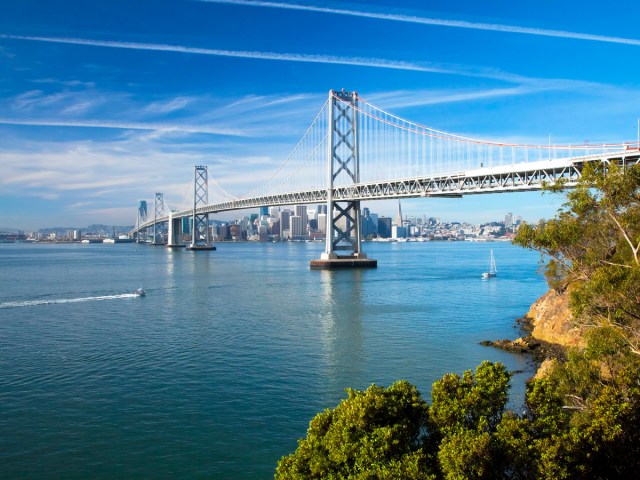 Bay Bridge spanning San Francisco Bay with city skyline in distance
