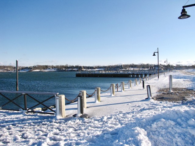 Snow-covered coastal path in Newport, Rhode Island