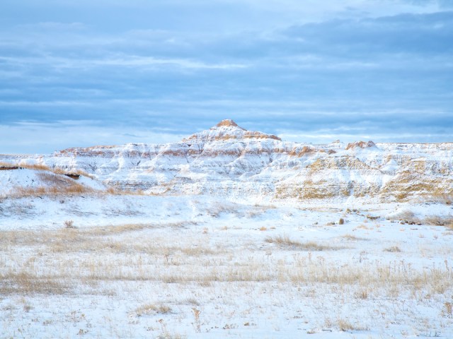 Badlands National Park in South Dakota, covered with snow