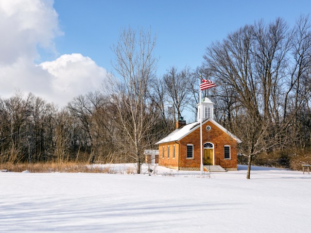 One-room school house amid snowy Ohio landscape