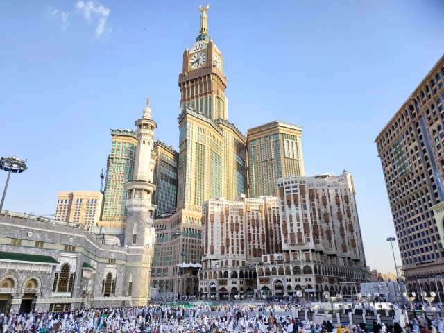 People gathered in front of the Clock Towers complex in Mecca, Saudi Arabia