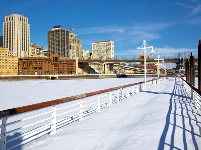 Snow-covered Mississippi River in the Twin Cities