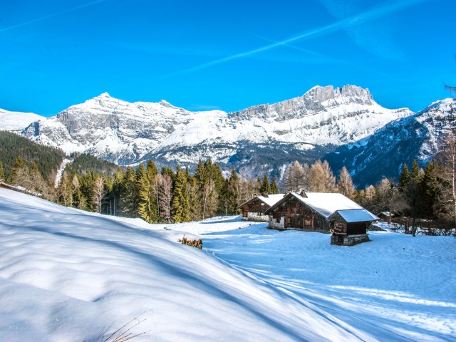 Cabin on snowy mountainside in Chamonix, France