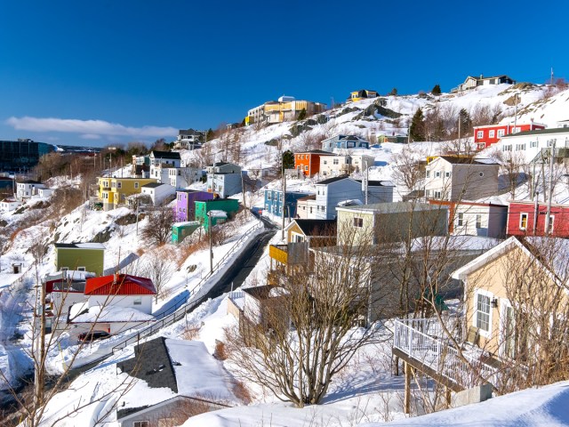 Snow-covered homes on hillside in St. John's, Newfoundland and Labrador, Canada