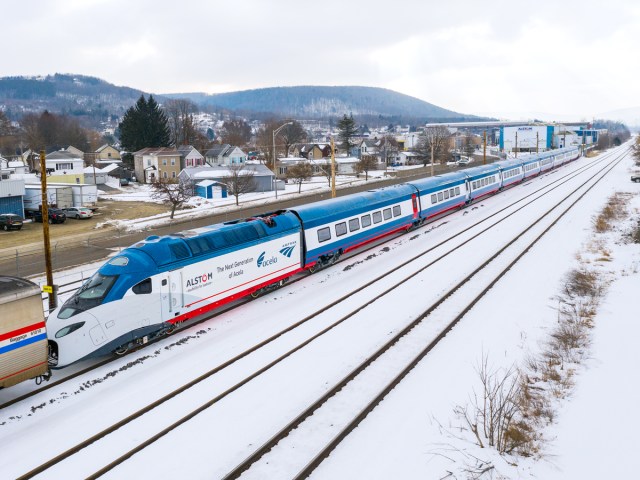 Amtrak train on snowy tracks
