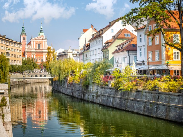 Canal through Old Town Ljubljana, Slovenia