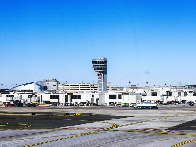 Control tower and ramp at Philadelphia International Airport in Pennsylvania