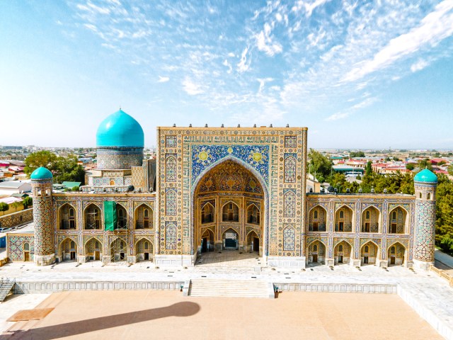 Aerial view of the Registan square in Samarkand, Uzbekistan