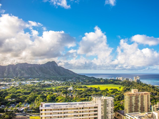 View of Diamond Head over Honolulu skyline