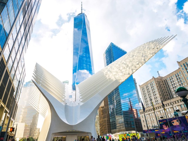 The Oculus with One World Trade Center towering above in New York City