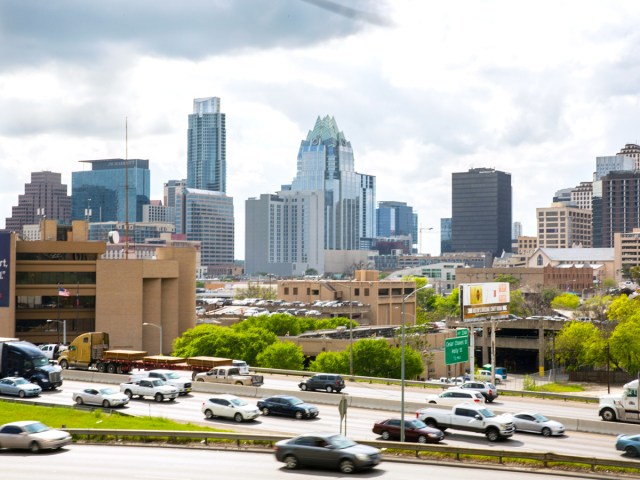 Busy highway with Austin skyline in background