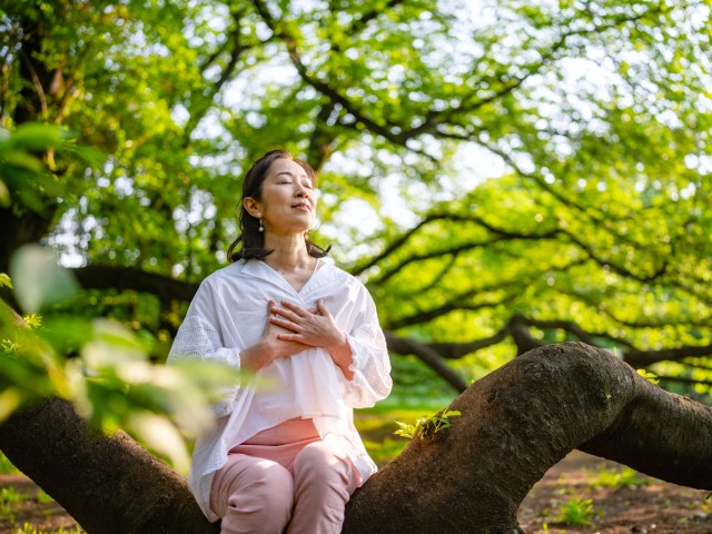 Woman sitting on tree trunk in forest