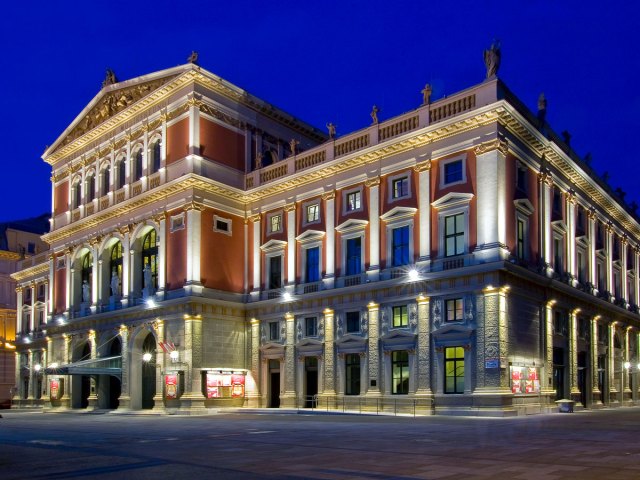 Exterior of Vienna's Musikverein, seen at night