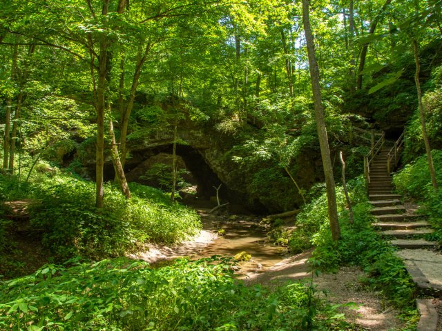 Steps leading to cave at Maquoketa Caves State Park in Iowa