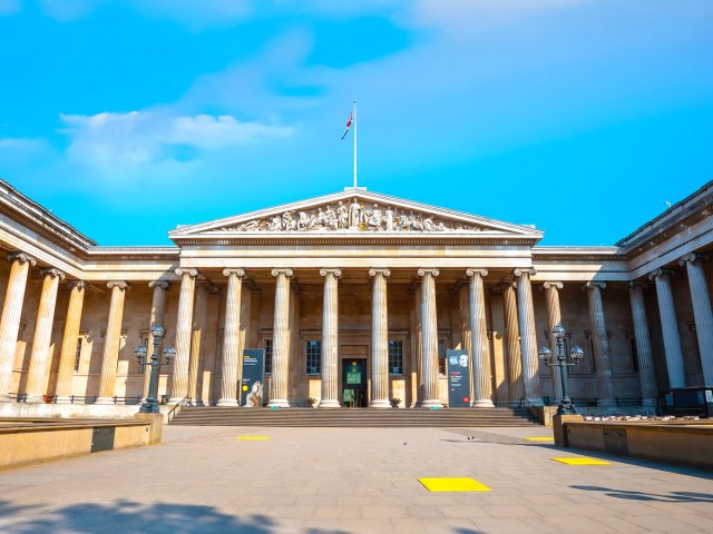 Columned exterior of the British Museum in London, England
