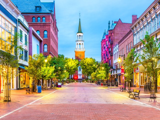 Brick street leading to church in Burlington, Vermont