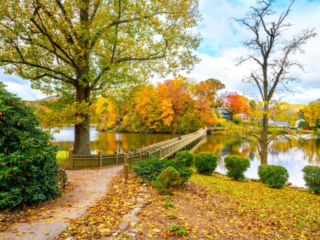 Fall foliage in park with lake in Asheville, North Carolina