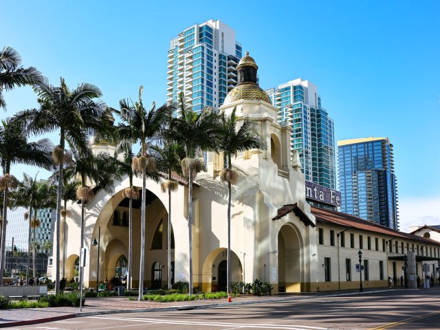 Palm trees in front of Santa Fe Depot in San Diego, California