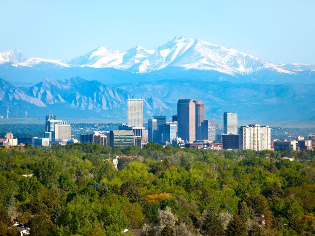 Denver skyline with Rocky Mountains behind