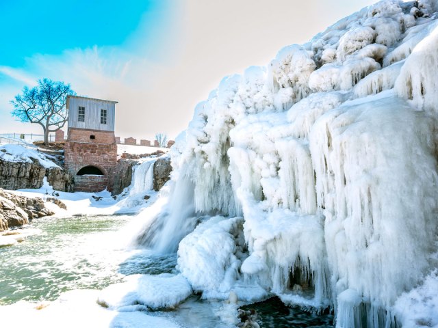 Frozen waterfall in Sioux Falls, South Dakota
