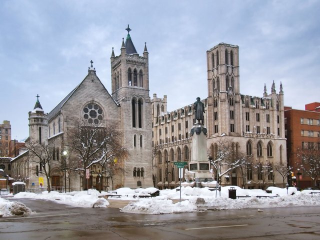 Church and other buildings in snowy Syracuse, New York